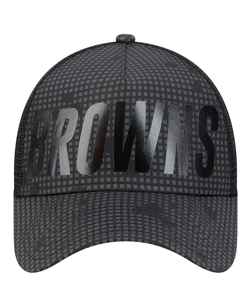 New Era Men's Black Cleveland Browns Throwback Midnight Ink Tonal Text A-Frame Trucker 9FORTY Adjustable Hat