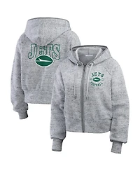 Wear by Erin Andrews Women's Heather Gray New York Jets Speckled Fleece Cropped Full-Zip Hoodie