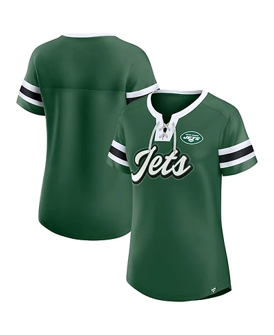 Fanatics Women's Green New York Jets True Catch Iconic Rhinestone Bling Athena Lace-Up T-Shirt