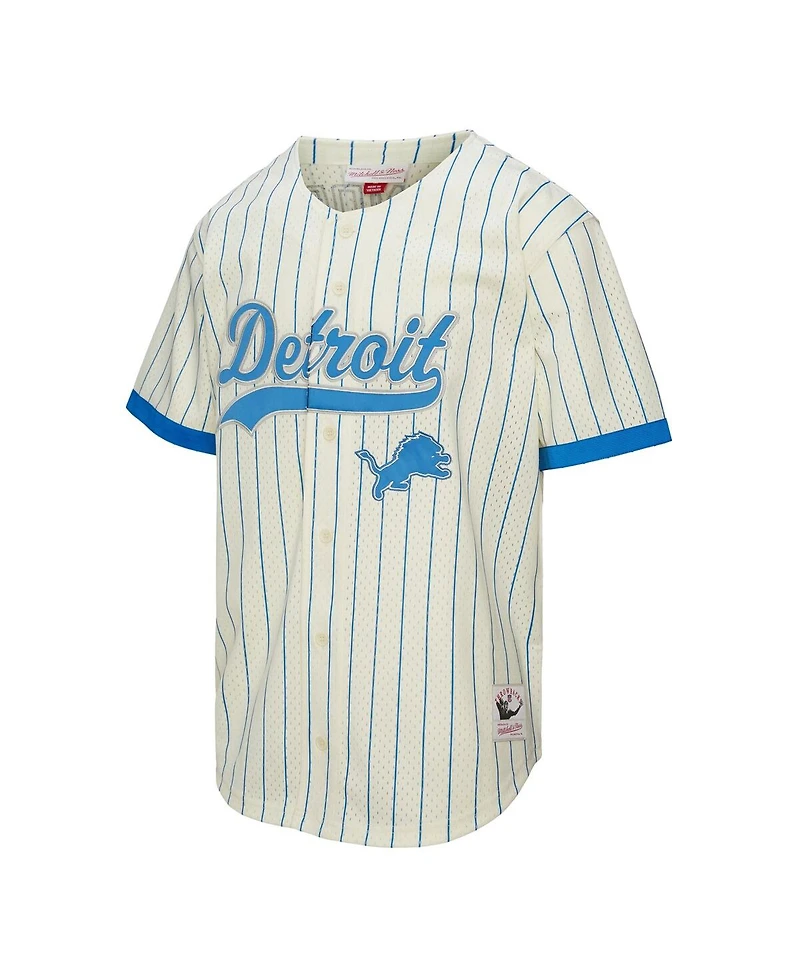 Mitchell & Ness Men's Barry Sanders Cream Detroit Lions Name Number Mesh Button-Up Baseball Jersey