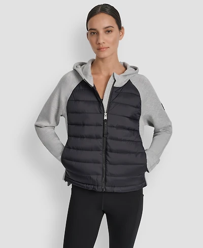 Dkny Women's High Low Hem Scuba Mixed Quilted Puffer Jacket