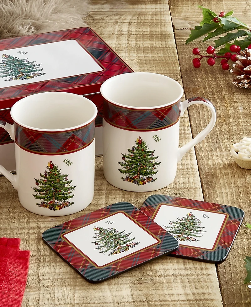 Spode Christmas Tree Tartan 5-Pc. Mug & Tin Coaster Set
