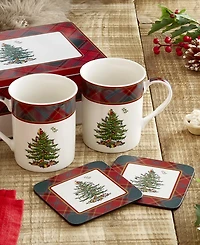 Spode Christmas Tree Tartan 5-Pc. Mug & Tin Coaster Set