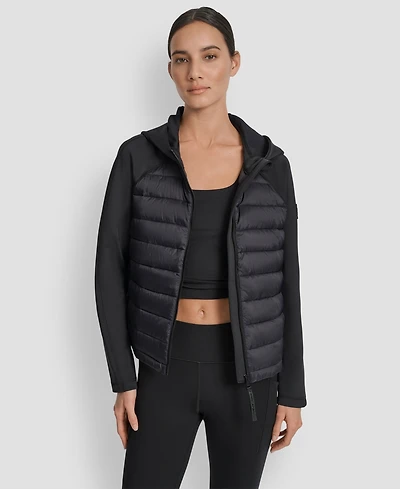 Dkny Women's High Low Hem Scuba Mixed Quilted Puffer Jacket