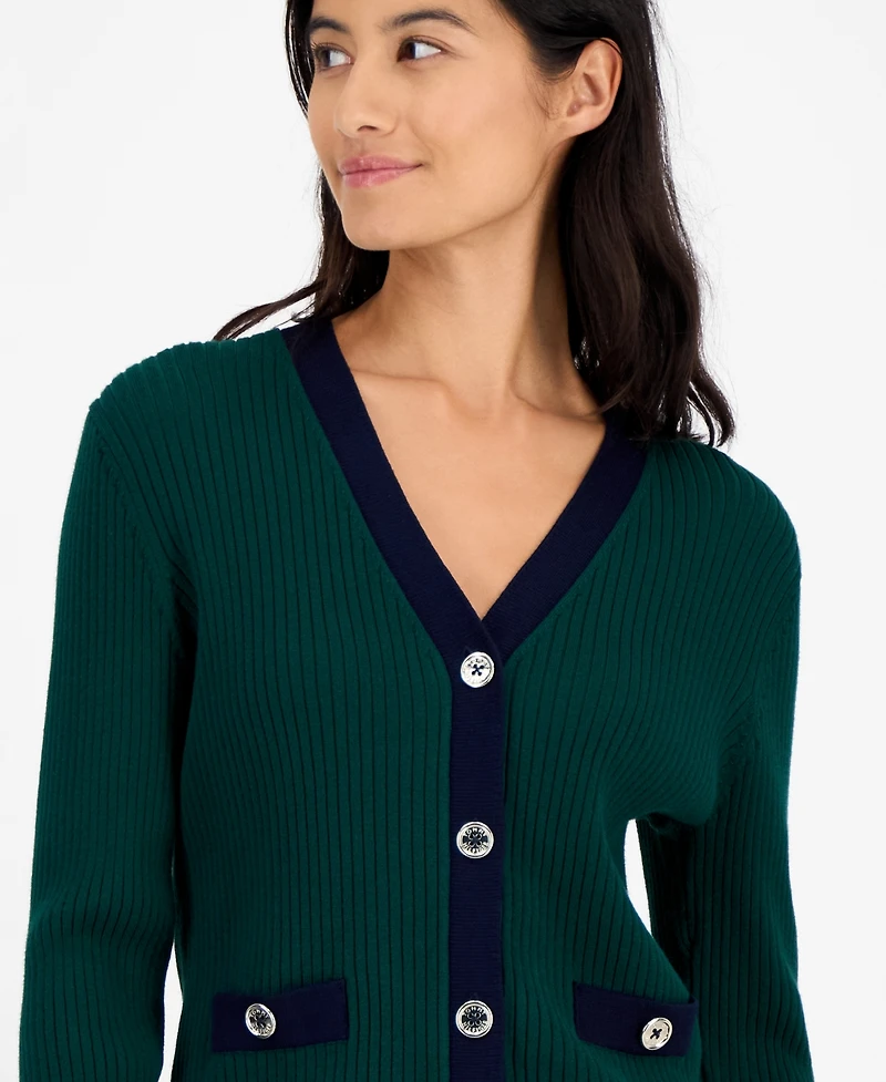 Tommy Hilfiger Women's Contrast Trim V-Neck Button-Front Cardigan