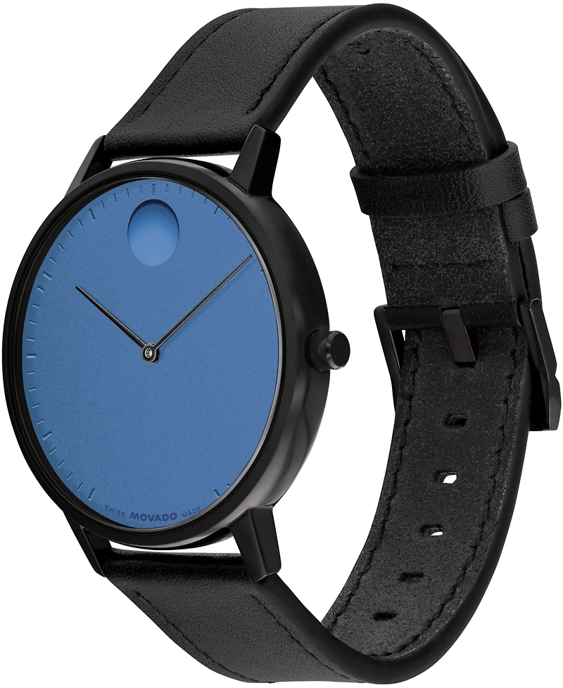Movado Unisex Face Swiss Quartz Black Leather Watch, 41mm