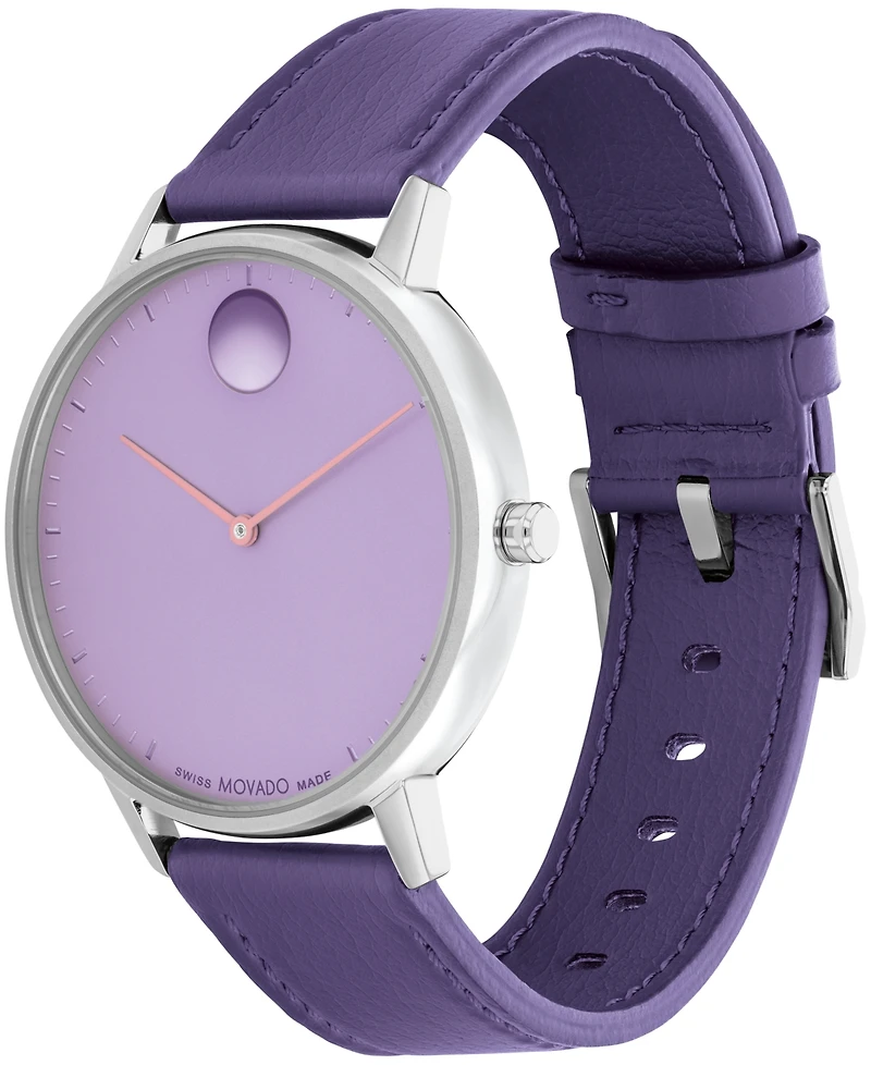 Movado Unisex Face Swiss Quartz Plum Leather Watch, 41mm