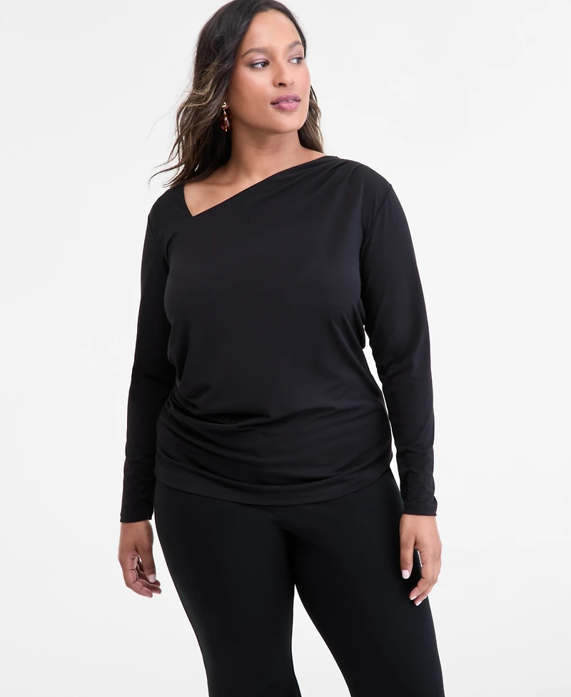 I.n.c. International Concepts Plus Asymmetric-Neck Long-Sleeve Top, Macy's Exclusive