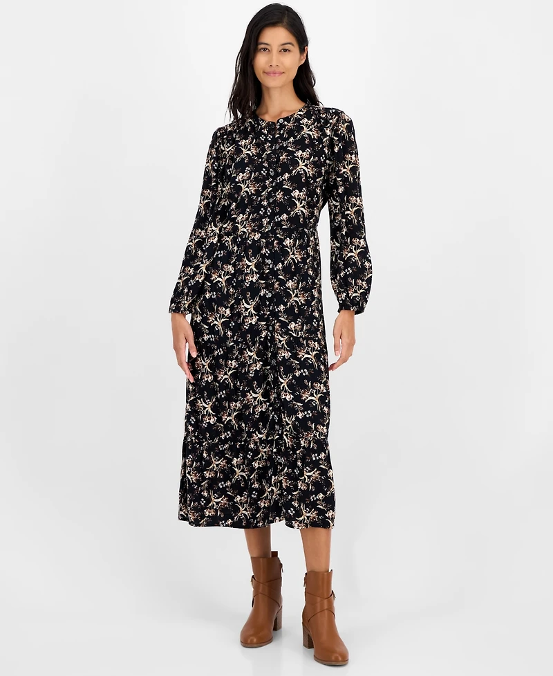 Style & Co Women's Printed Long Sleeve Tiered Dress, Macy's Exclusive