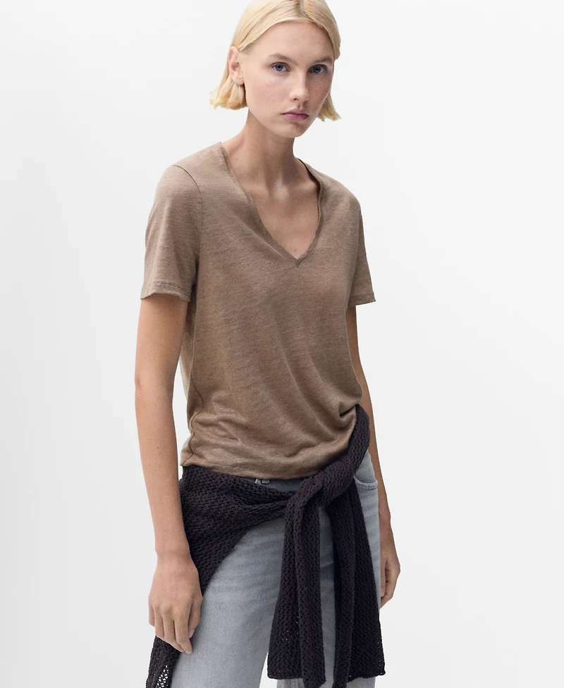 Mango Women's V-Neck Linen T-Shirt