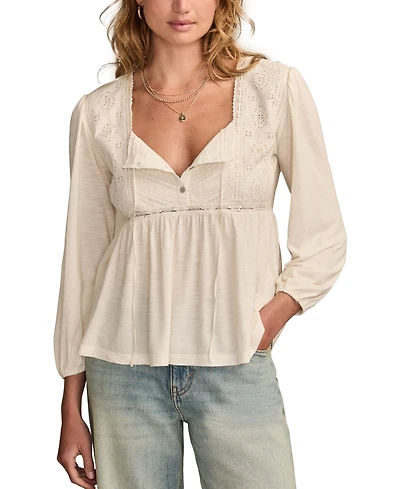 Lucky Brand Women's Embroidered Yoke Square Neck Top