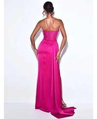 Miss Circle Women Holly Fuchsia Crystallized Corset High Slit Satin Gown