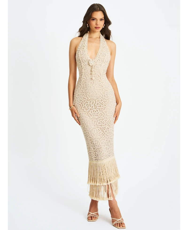 Miss Circle Women Faelyn Off-White Double Fringe Crochet Halter Maxi Dress