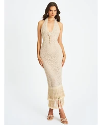 Miss Circle Women Faelyn Off-White Double Fringe Crochet Halter Maxi Dress