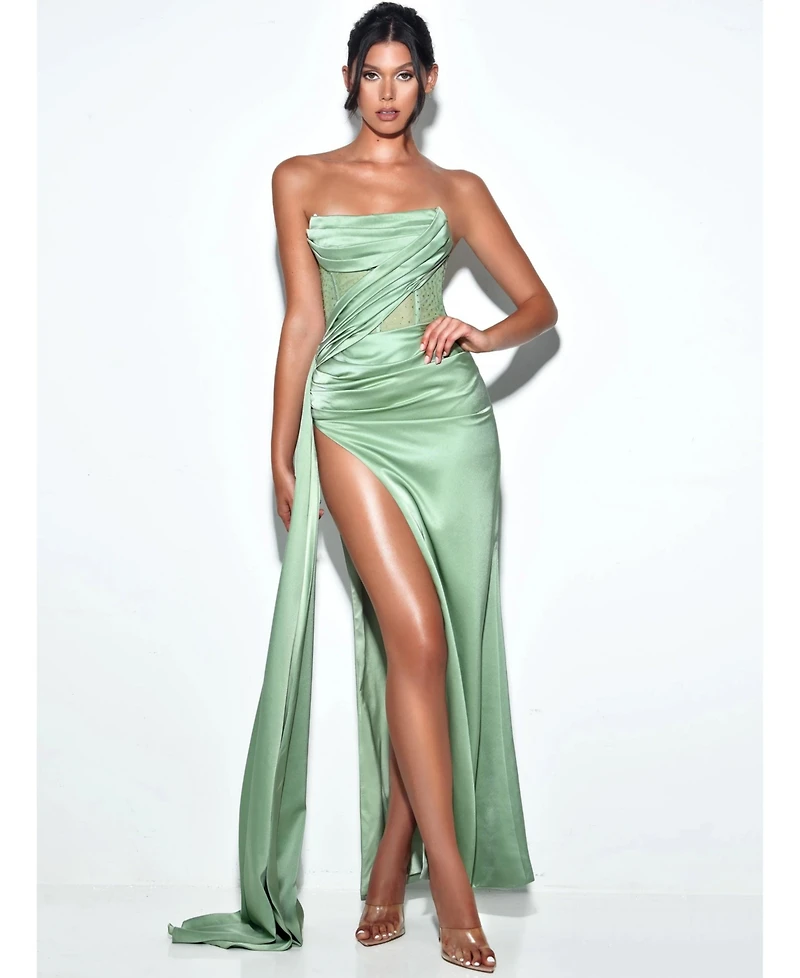 Miss Circle Women Holly Basil Crystallized Corset High Slit Satin Gown
