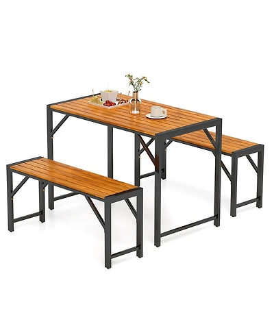 Gymax 3 Pcs Dining Set for 4 People Outdoor Picnic Table & 2 Benches w/ Metal Frame