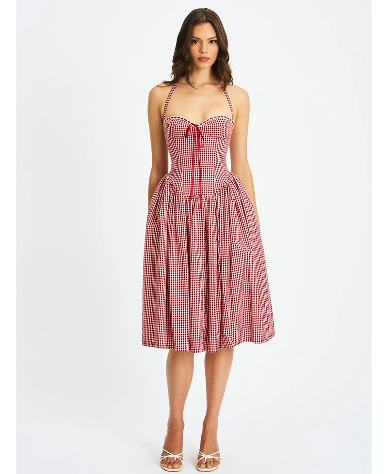 Miss Circle Women's Susanna Red Gingham Halter Drop Waist Midi Dress