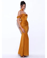Miss Circle Women's Ivona Gold Halter Neck Double Duchess Satin Gown
