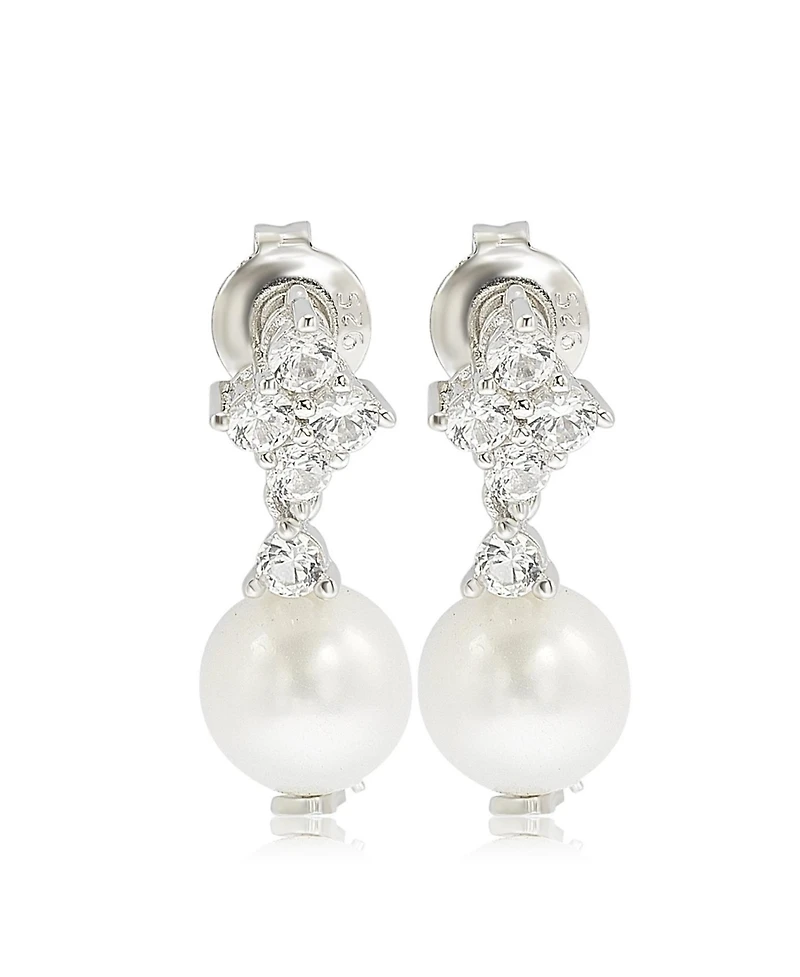 Suzy Levian Sterling Silver Pearl & White Sapphire Cluster Earrings
