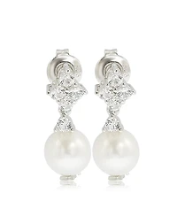 Suzy Levian Sterling Silver Pearl & White Sapphire Cluster Earrings