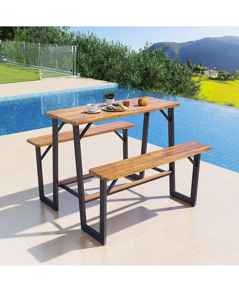 Gymax Outdoor Picnic Table for 4 Acacia Wood Rectangular Picnic Table w/ 2 Built-in Benches