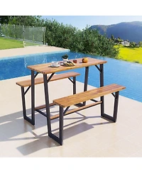 Gymax Outdoor Picnic Table for 4 Acacia Wood Rectangular Picnic Table w/ 2 Built-in Benches