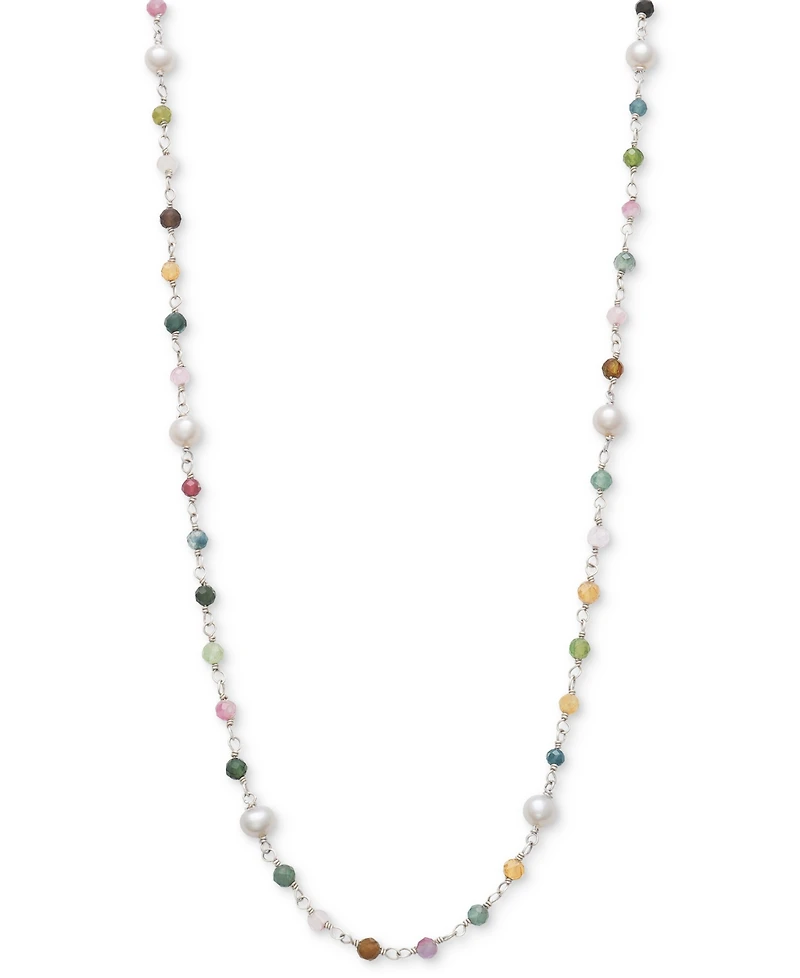 Macy's Cultured Freshwater Pearl (4-5mm) & Multicolor Tourmaline 24" Statement Necklace in Sterling Silver