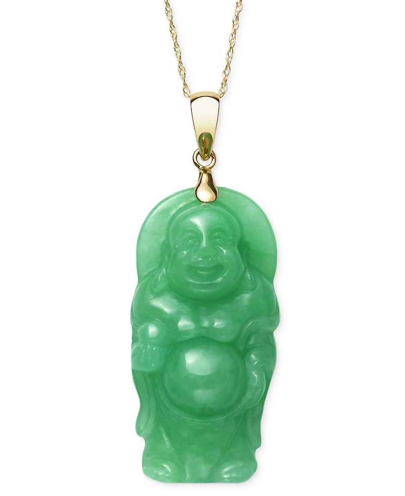 Dyed Green Jade Carved Buddha 18" Pendant Necklace in 14k Gold