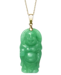 Dyed Green Jade Carved Buddha 18" Pendant Necklace in 14k Gold