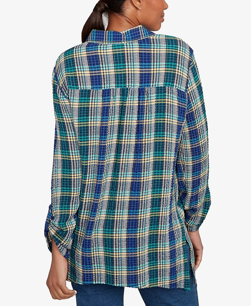 Ruby Rd. Petite Embroidered Plaid Button Down Top