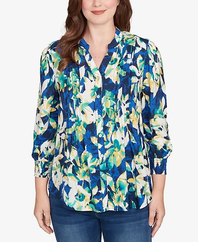Ruby Rd. Petite Floral Silky Voile Button Down Top