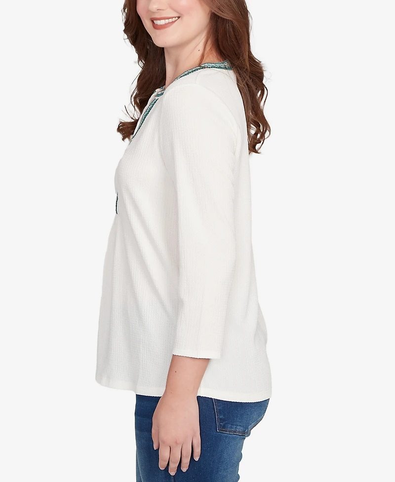 Ruby Rd. Petite Embellished Textured Split Neck Top