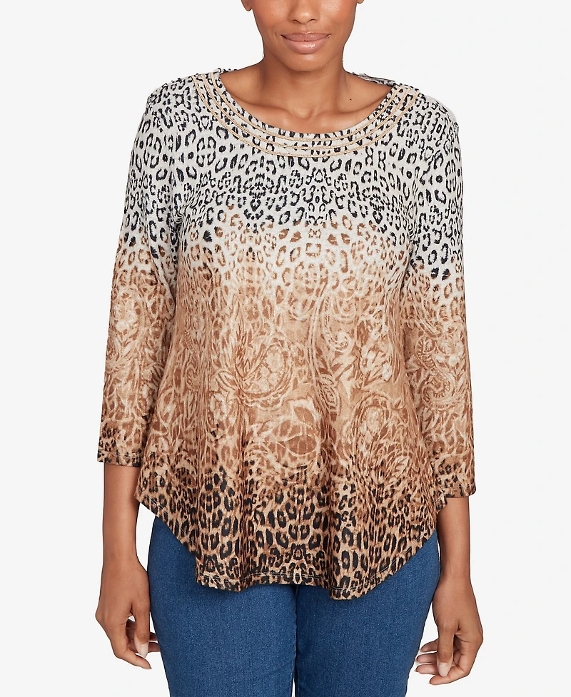 Ruby Rd. Petite Embellished Animal Print Cozy Top