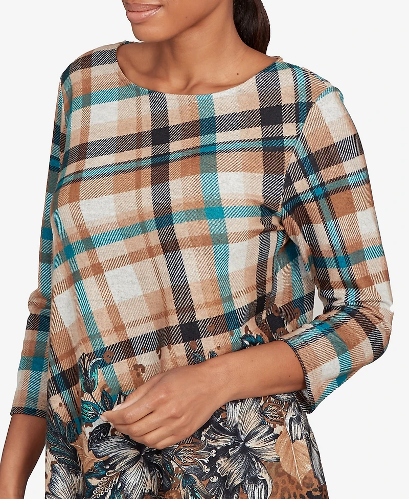 Ruby Rd. Petite Floral Plaid Cozy Ballet Neck Top