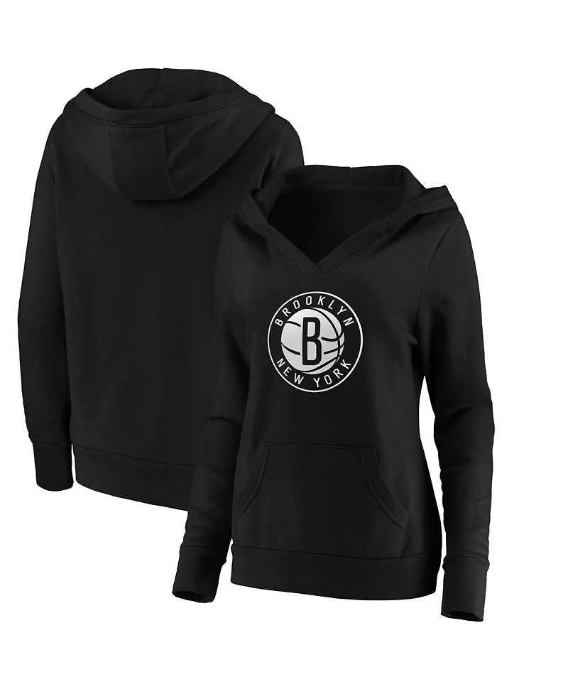 Fanatics Women's Black Brooklyn Nets Primary Logo V-Neck Pullover Hoodie