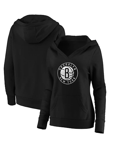 Fanatics Women's Black Brooklyn Nets Primary Logo V-Neck Pullover Hoodie