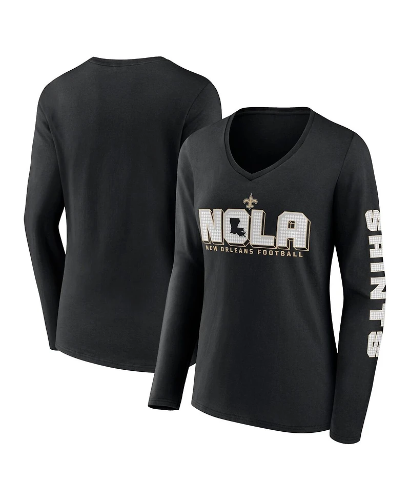 Fanatics Women's Black New Orleans Saints Hometown Sweep Long Sleeve V-Neck T-Shirt