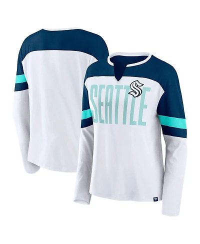 Fanatics Women's White/Navy Seattle Kraken Frozen Long Sleeve Notch Neck T-Shirt