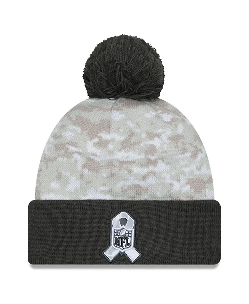 New Era Men's White/Graphite New York Jets 2024 Salute to Service Digital Camo Cuffed Pom with Knit Hat