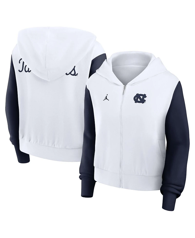 Jordan Women's White North Carolina Tar Heels Cropped Athletic Prep Color Block Script Full-Zip Hoodie