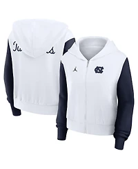 Jordan Women's White North Carolina Tar Heels Cropped Athletic Prep Color Block Script Full-Zip Hoodie