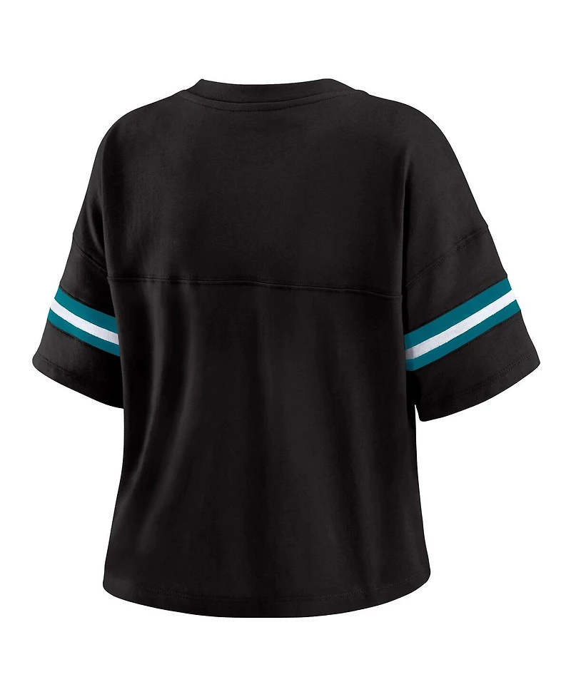 Wear by Erin Andrews Women's Black Jacksonville Jaguars Color Block Boxy Modest Crop V-Neck T-Shirt