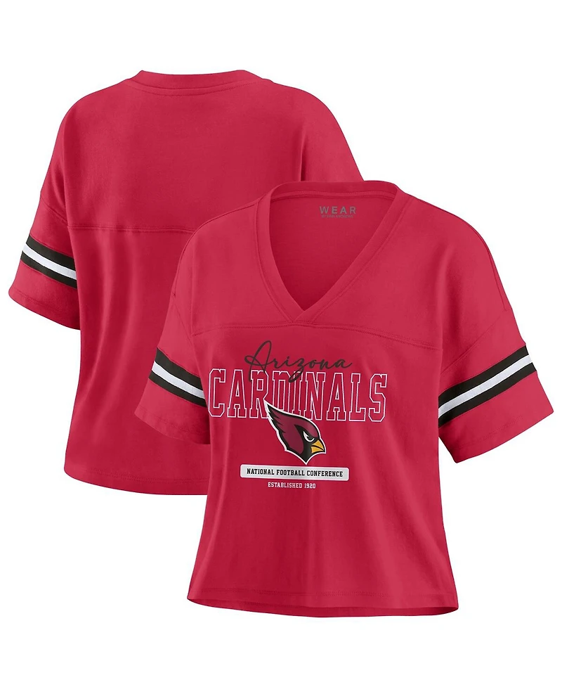 Wear by Erin Andrews Women's Cardinal Arizona Cardinals Color Block Boxy Modest Crop V-Neck T-Shirt