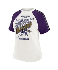 Wear by Erin Andrews Women's White Baltimore Ravens Sleeve Stripe Distressed Raglan T-Shirt
