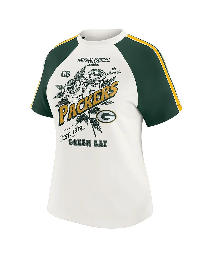 Wear by Erin Andrews Women's White Green Bay Packers Sleeve Stripe Distressed Raglan T-Shirt