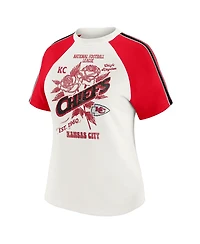 Wear by Erin Andrews Women's White Kansas City Chiefs Sleeve Stripe Distressed Raglan T-Shirt