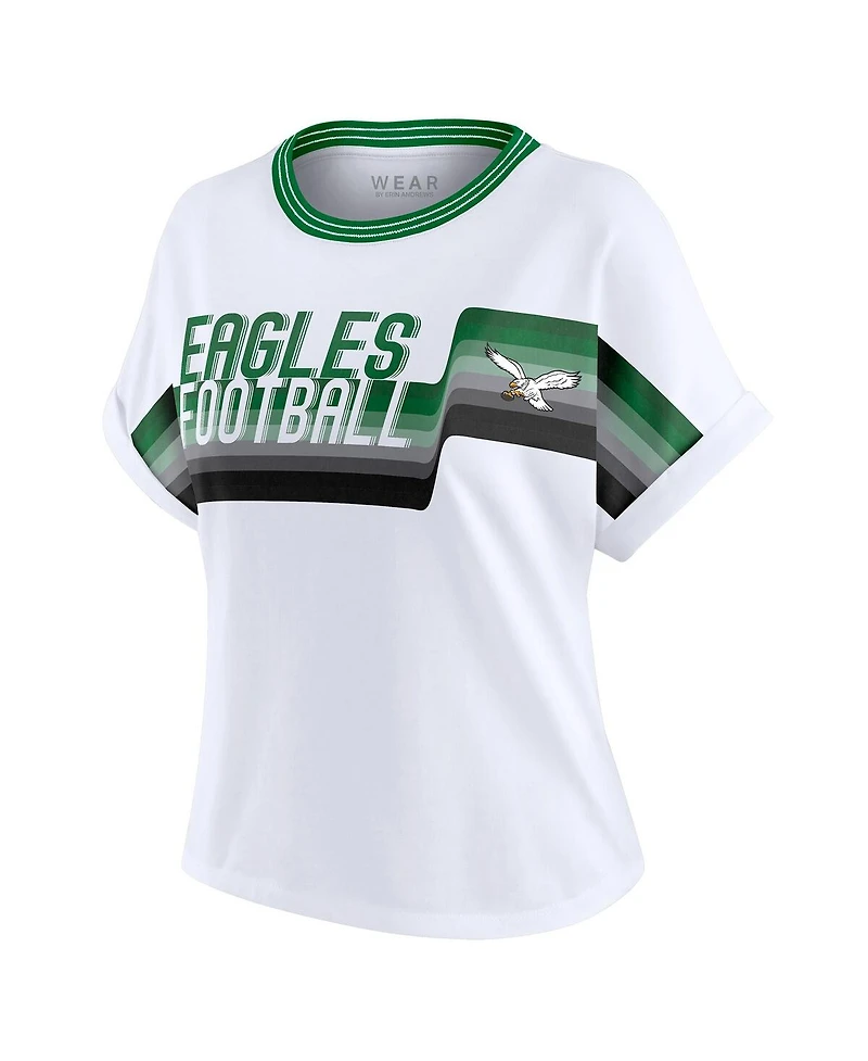 Wear by Erin Andrews Women's White Philadelphia Eagles Cropped Center Stripe Dolman T-Shirt