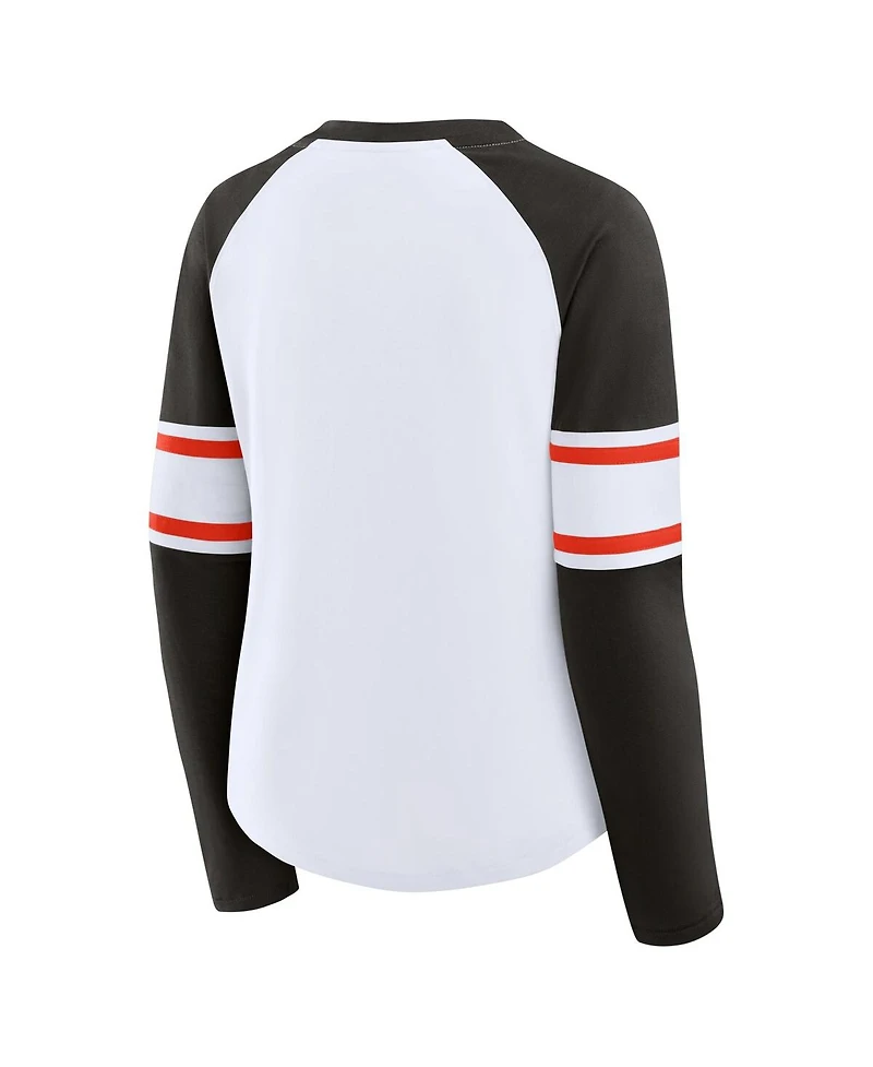 Fanatics Women's White/Brown Cleveland Browns Redzone Blitz Package Raglan Lace-Up V-Neck Long Sleeve T-Shirt