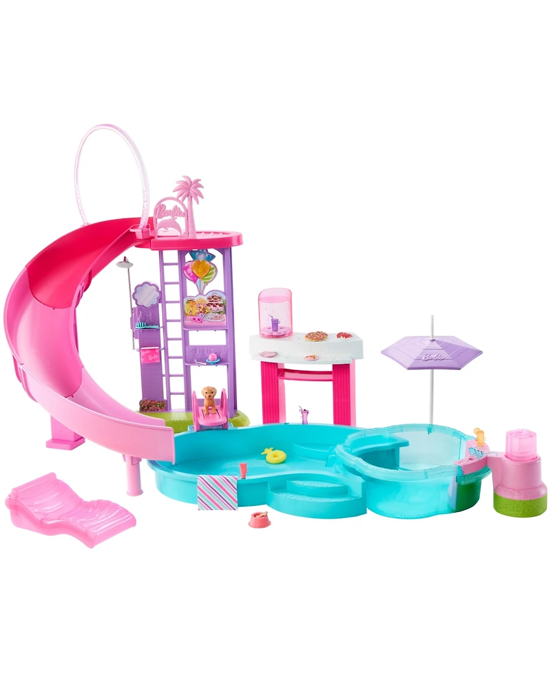 Barbie Dream Pool Playset with Slide and Bubbling Hot Tub 20 Plus Accessories Including Pet