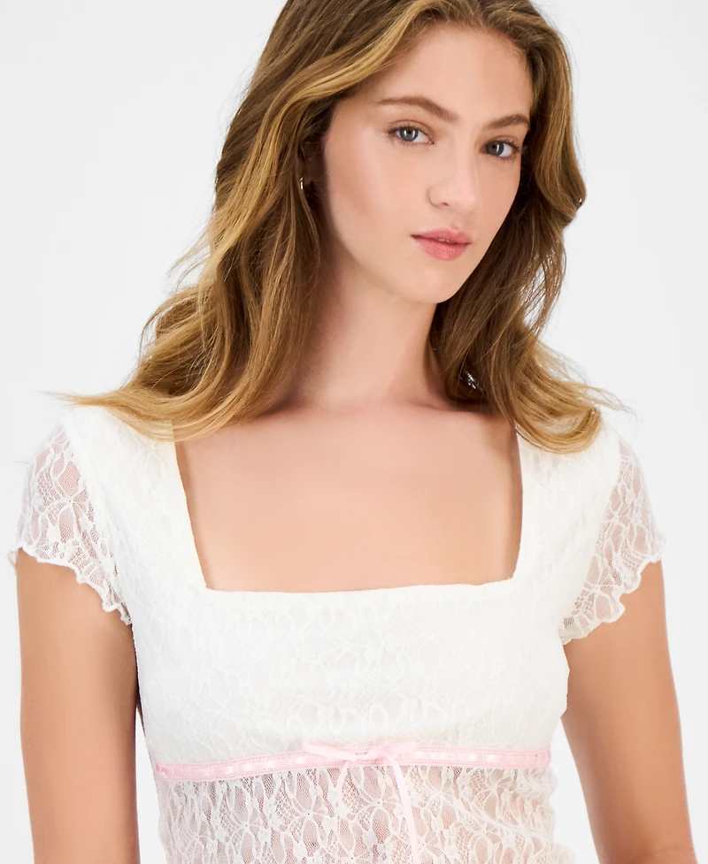 Planet Gold Juniors' Square-Neck Cap-Sleeve Lace Top